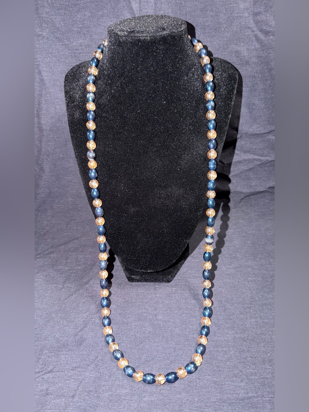 Blue and Gold Beaded Long Necklace, Homemade